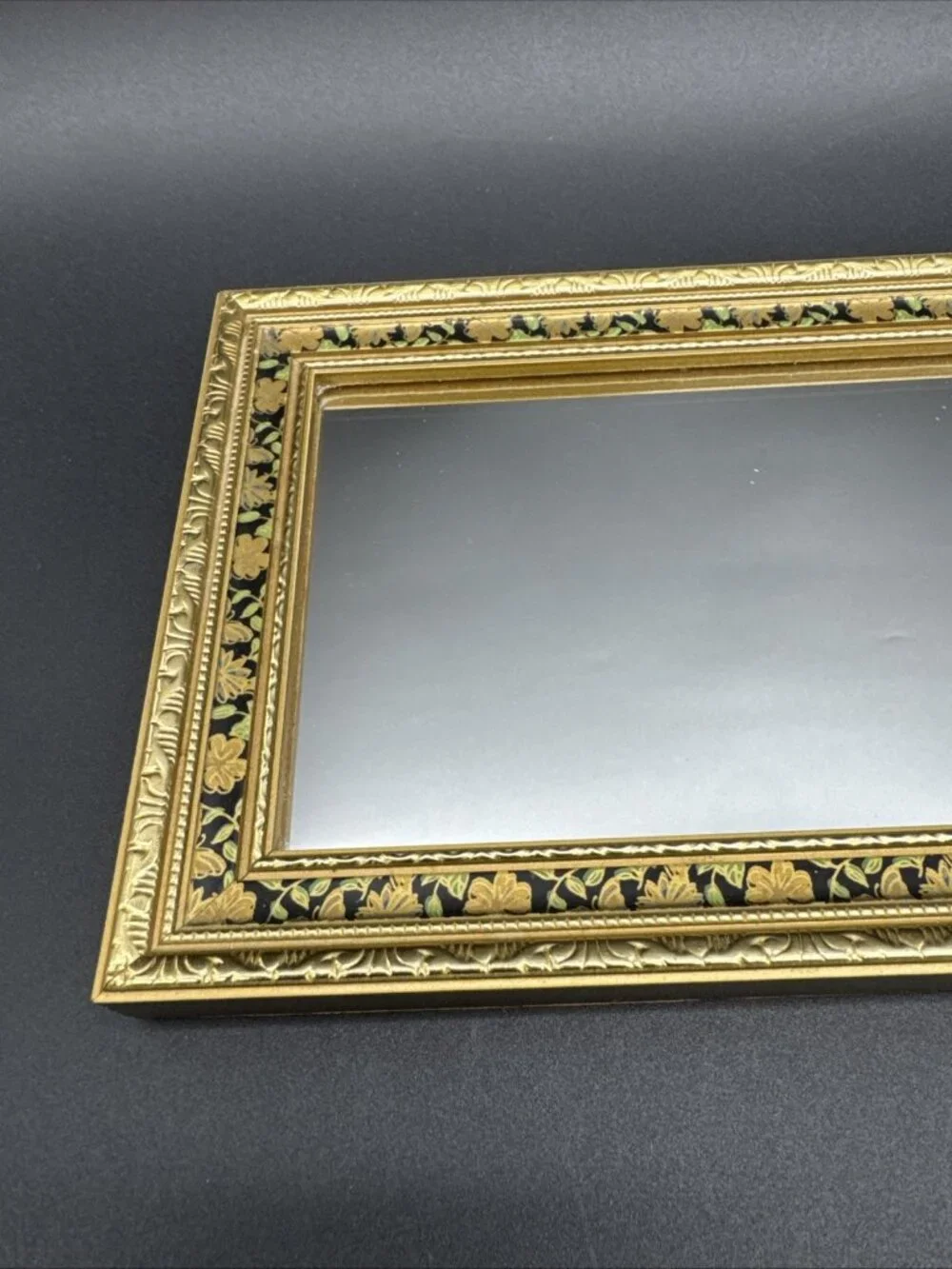 Vintage Floral Ornate Gold Narrow Rectangle Wall Gallery Mirror 15.25x5.25”